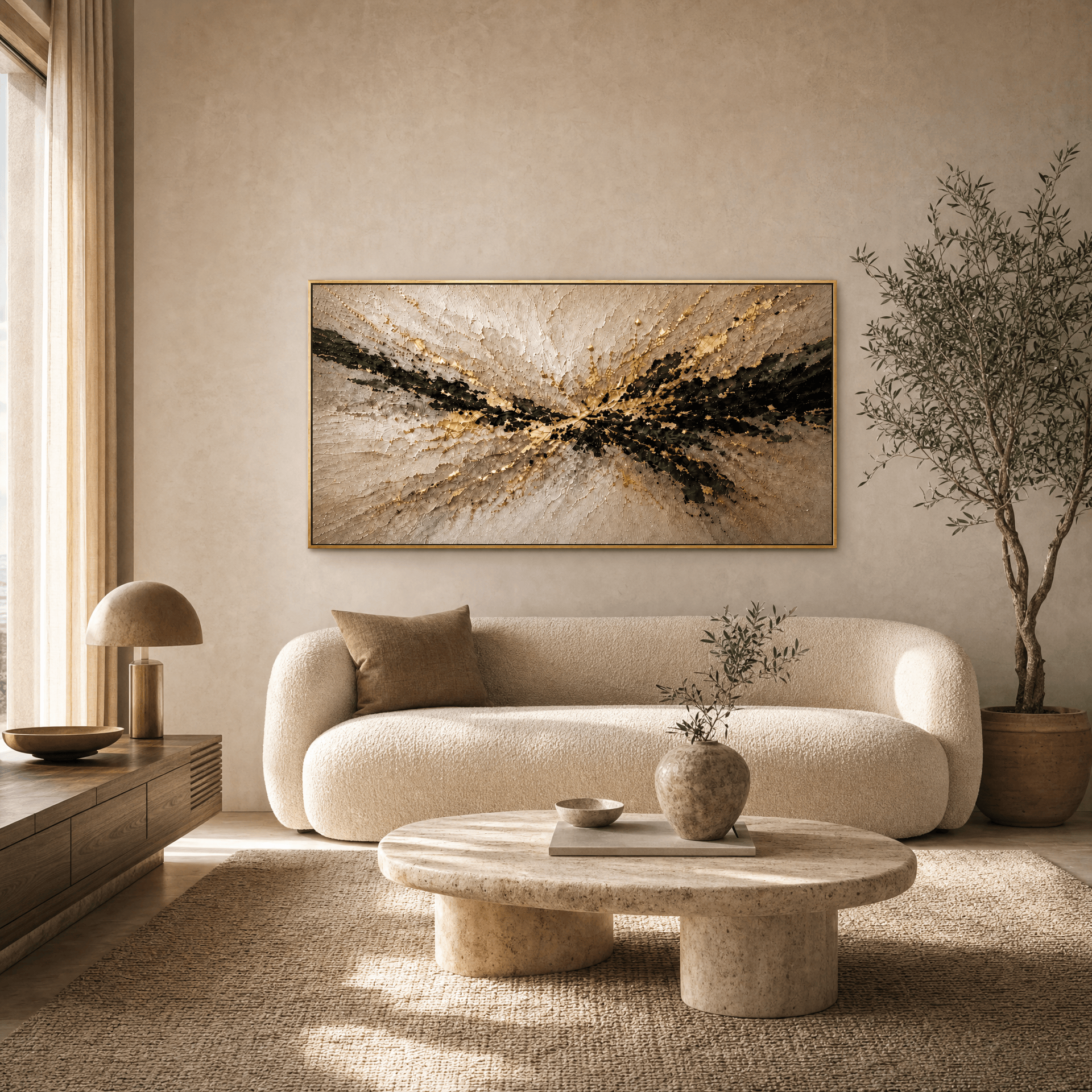 Gold and black abstract relief canvas above a curved boucle sofa in a contemporary living room