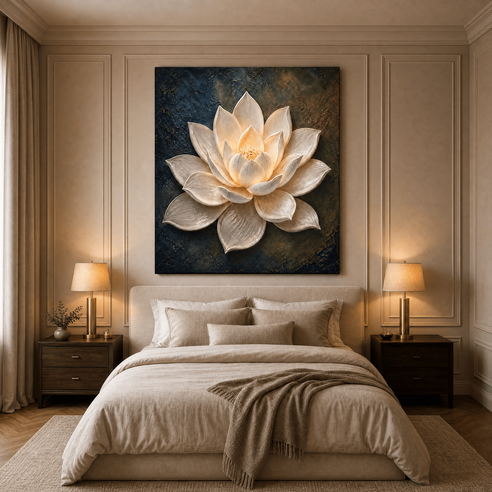 Textured gold and cream lotus wall art above a bed in a soft neutral bedroom