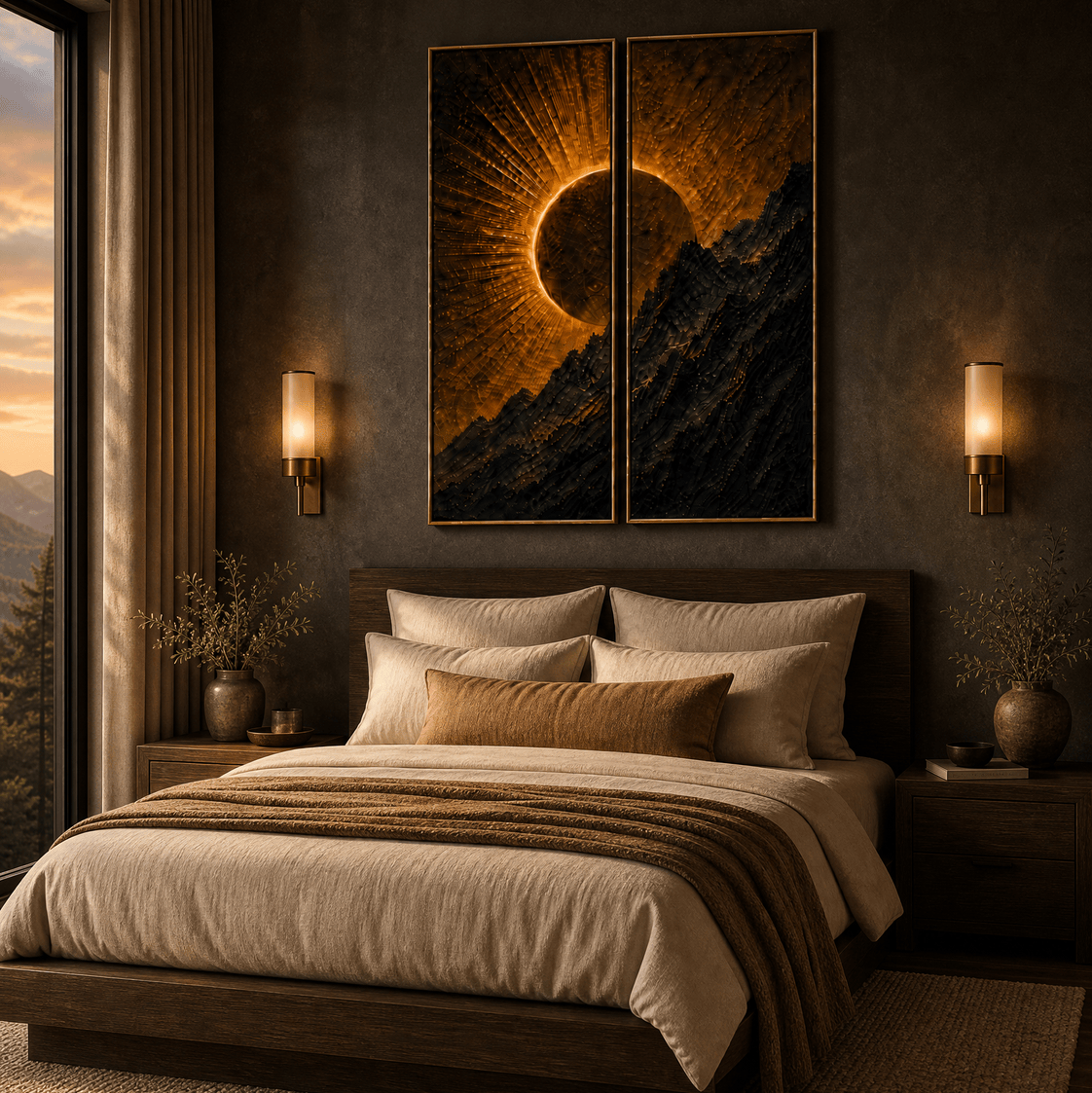 Golden Eclipse Mountain Wall Art – Luxury 2 Panel Sculptural Sunrise Canvas Set