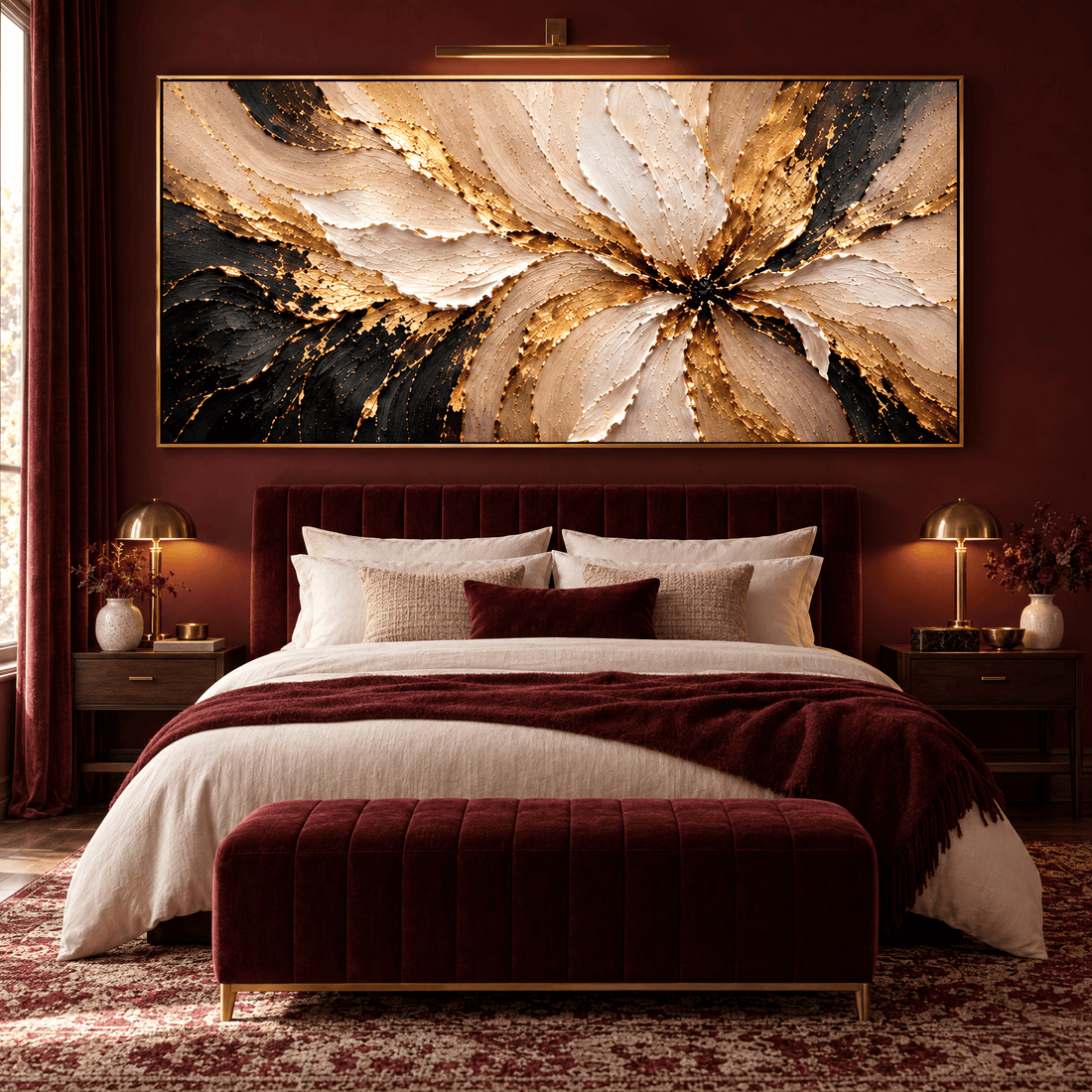 Gold and black abstract flower canvas above a velvet bed in a burgundy bedroom