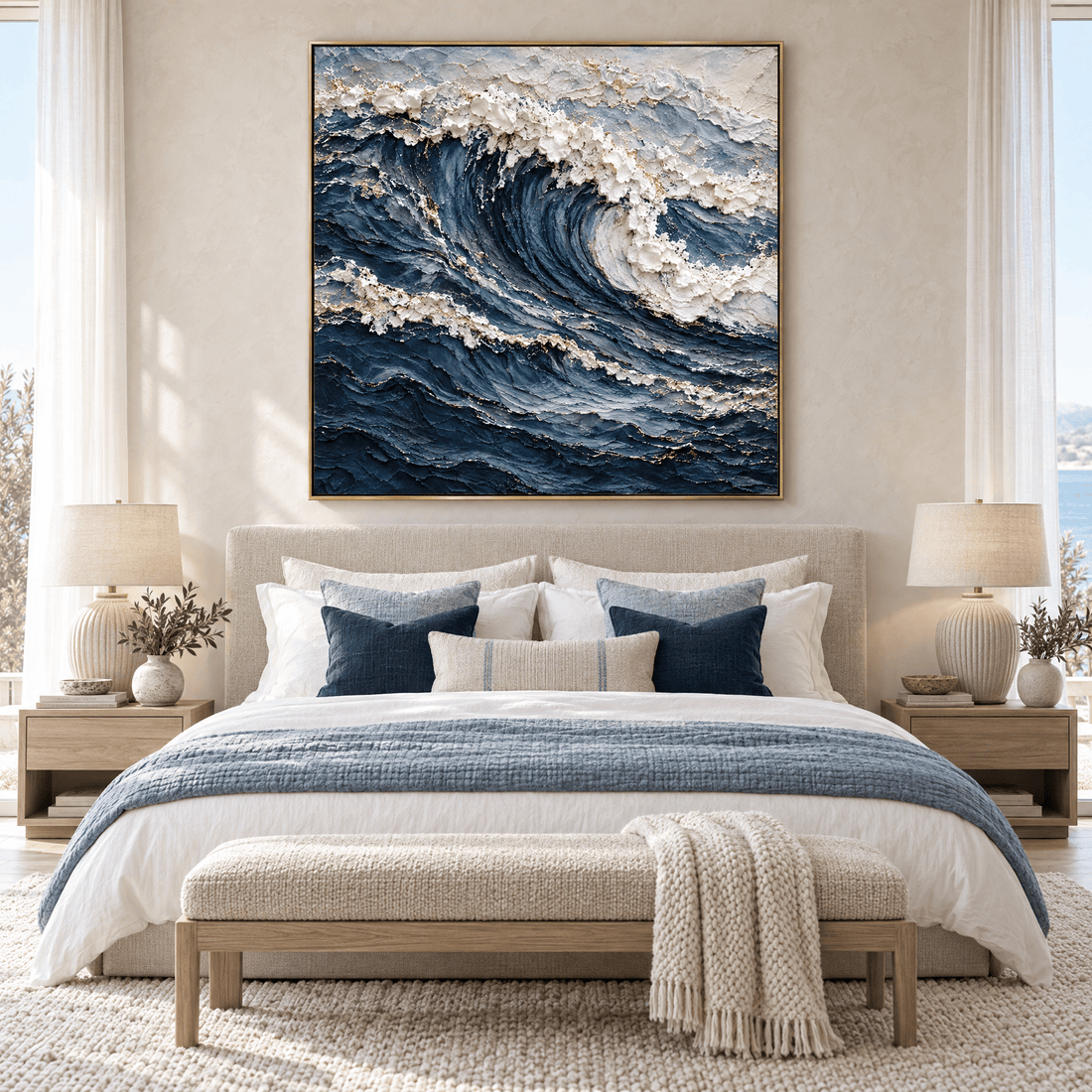 Oversized ocean wave canvas in navy and white above the bed in a coastal bedroom