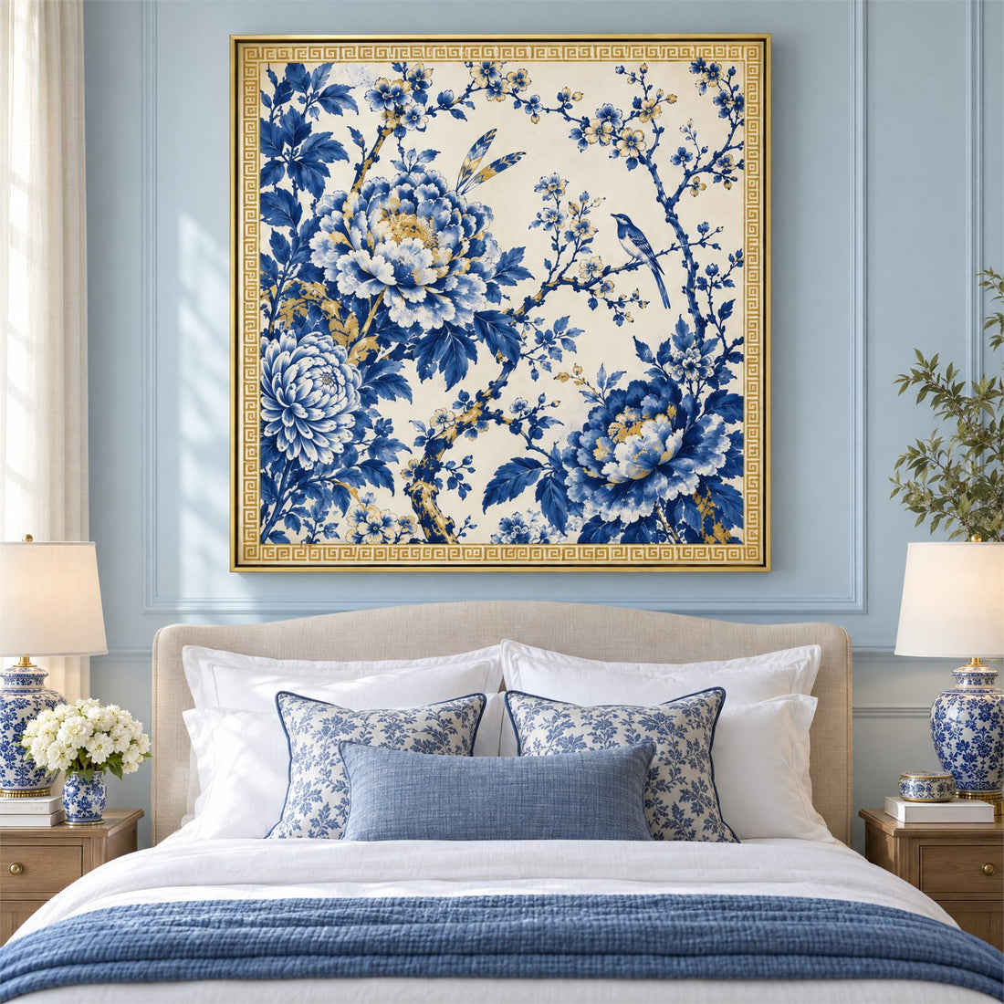 Chinoiserie floral canvas centred above a bed with blue and white bedding