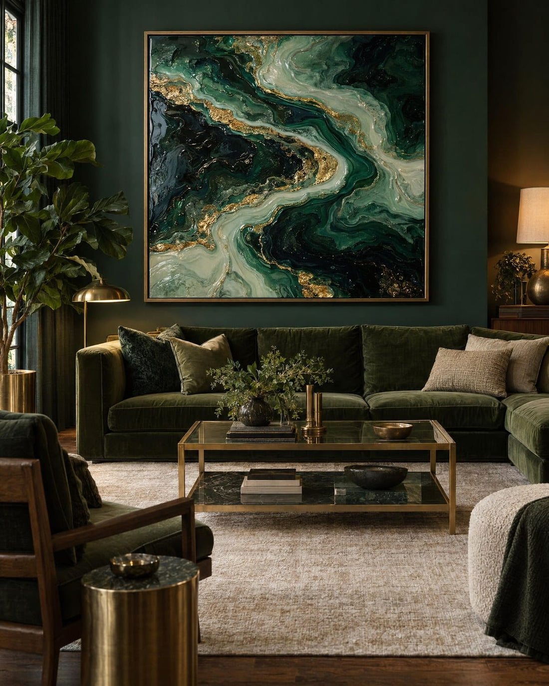 Emerald and Gold Wall Art – Oversized Abstract River Textured Look Canvas for Living Room