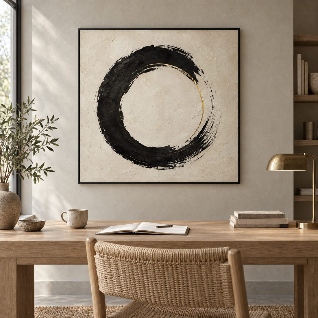 Black and cream enso canvas in a quiet study