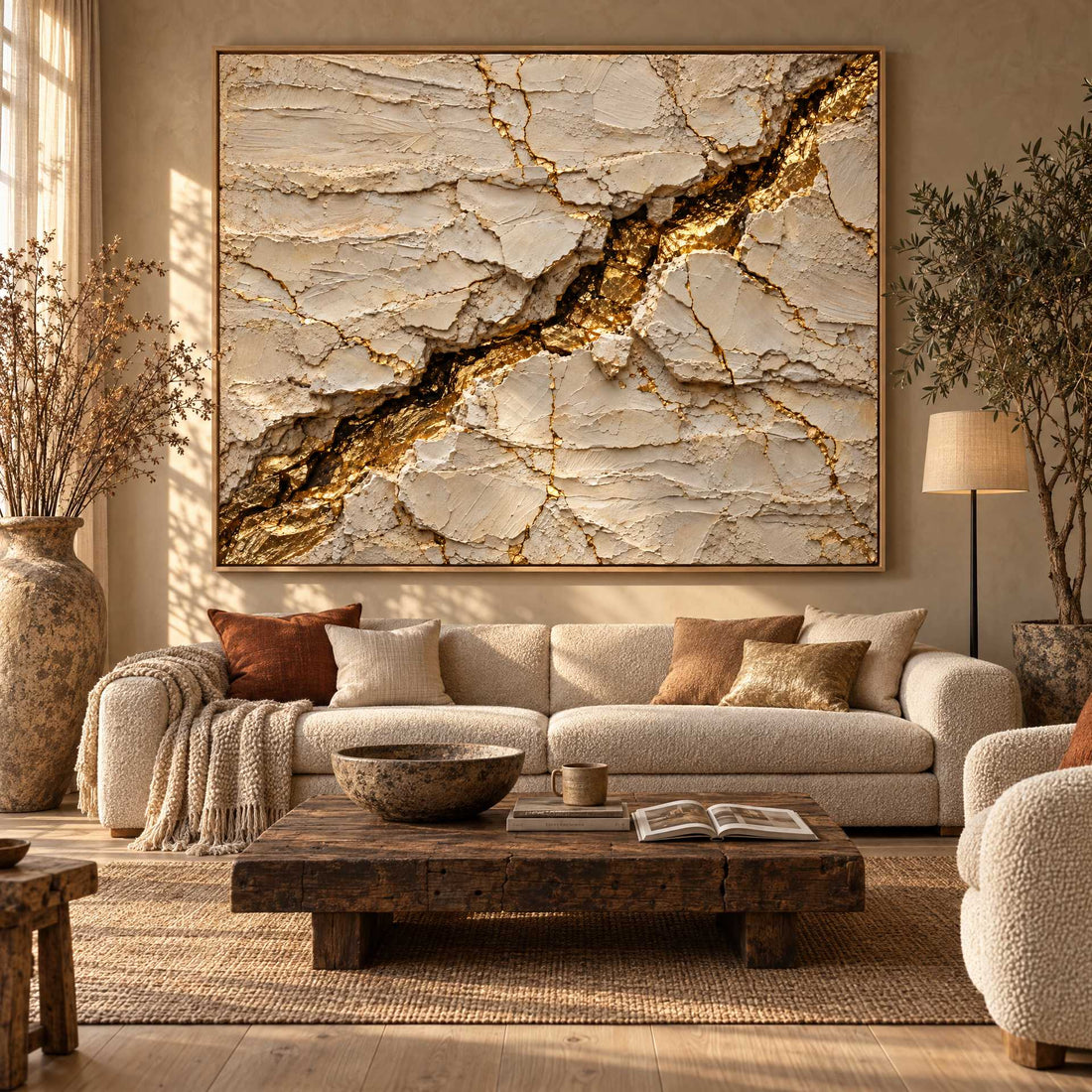 Cream and Gold Wall Art – Oversized Cracked Plaster Textured Look Canvas with Gold Seam for Living Room