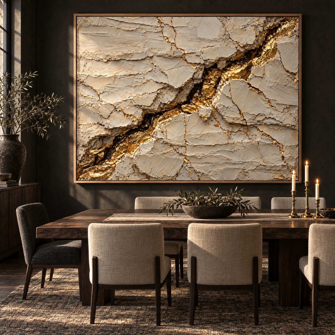 Cream and Gold Wall Art – Oversized Cracked Plaster Textured Look Canvas with Gold Seam for Living Room