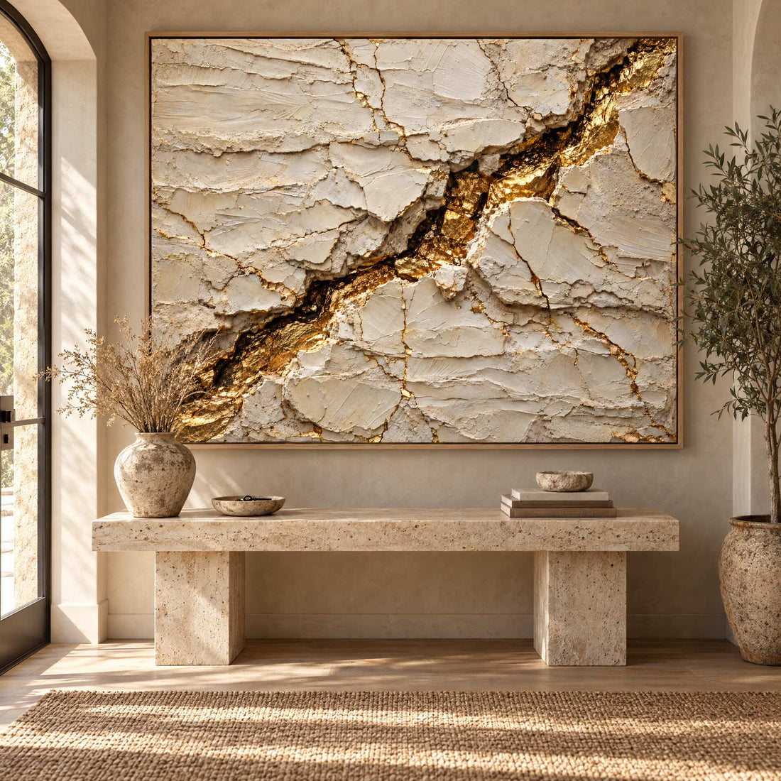 Cream and Gold Wall Art – Oversized Cracked Plaster Textured Look Canvas with Gold Seam for Living Room