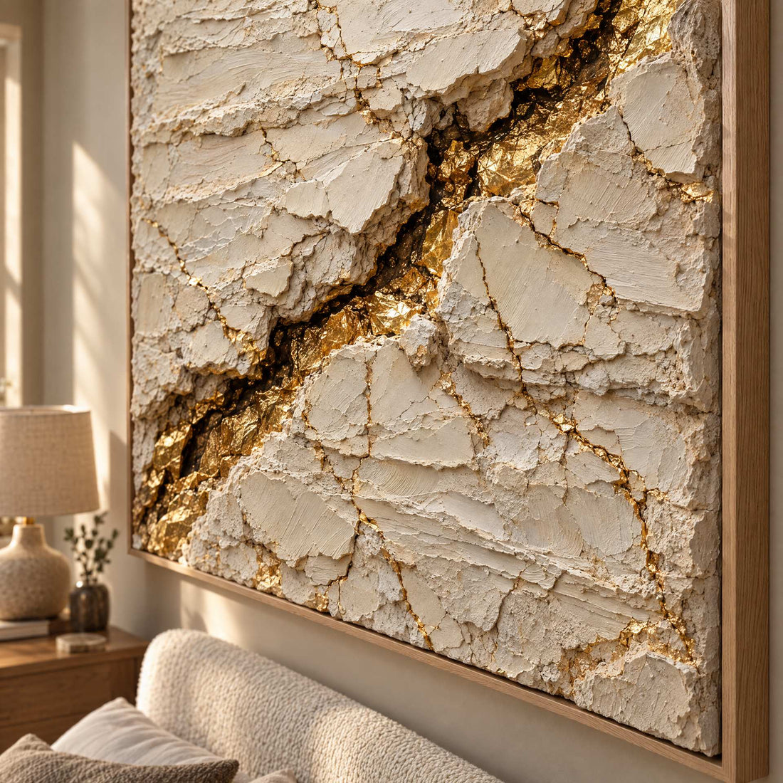 Cream and Gold Wall Art – Oversized Cracked Plaster Textured Look Canvas with Gold Seam for Living Room