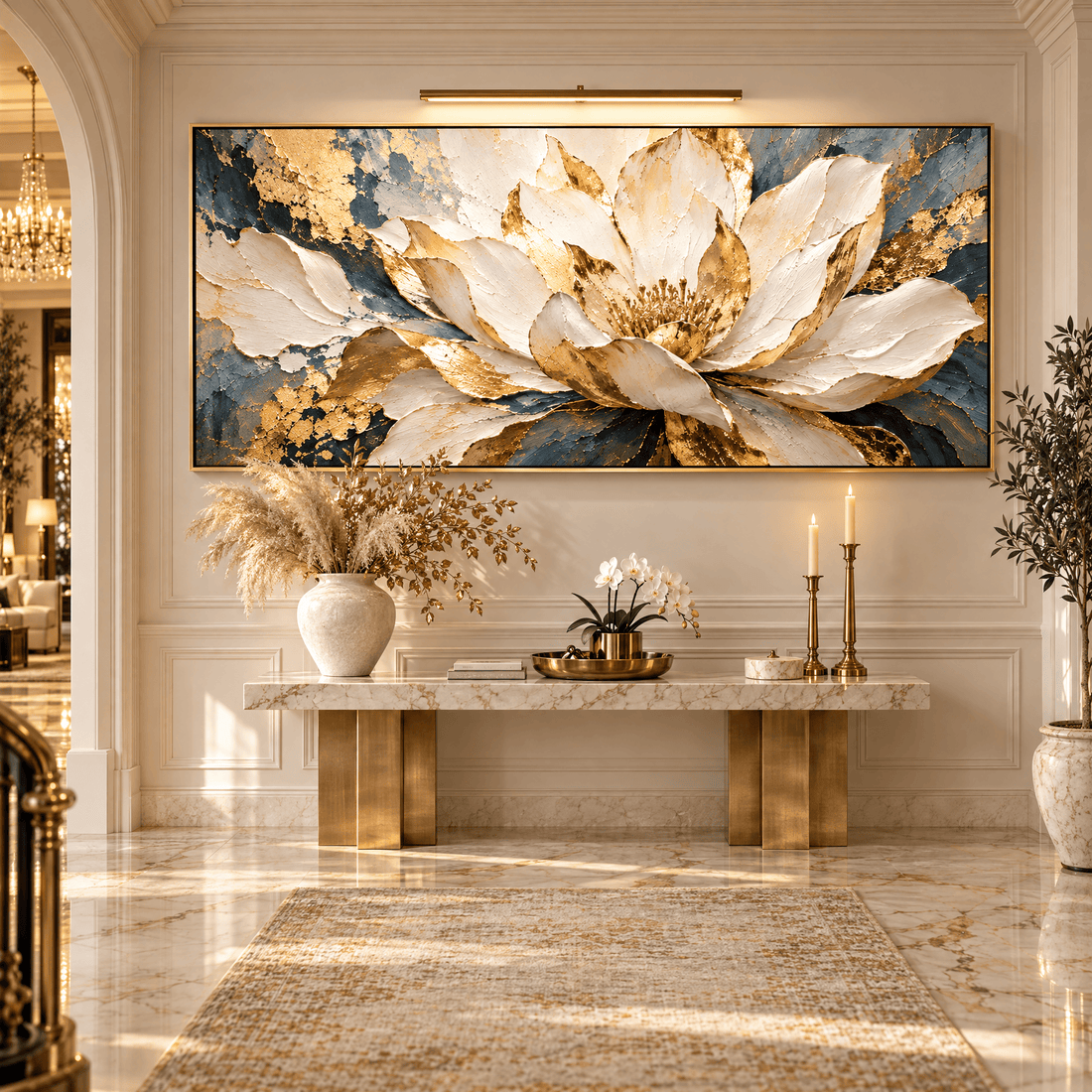 Navy and gold flower canvas in a marble entryway foyer