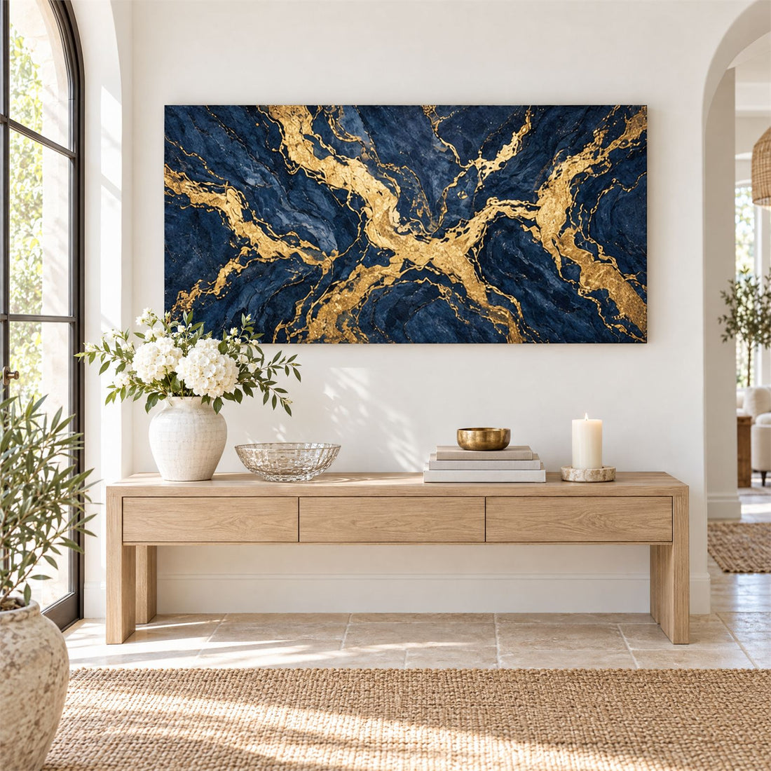 Navy and gold marble canvas along a hallway wall