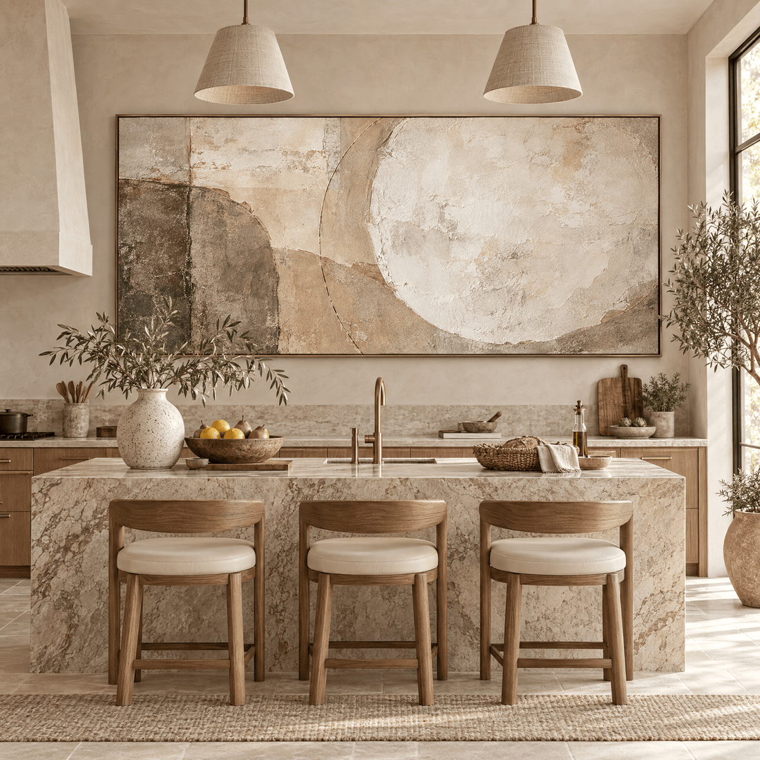 Wabi sabi abstract canvas in an organic modern kitchen