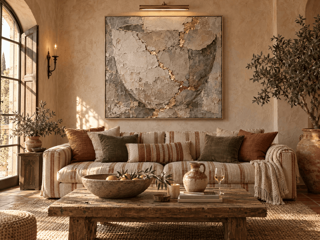 Kintsugi canvas on warm clay plaster in a Mediterranean living room