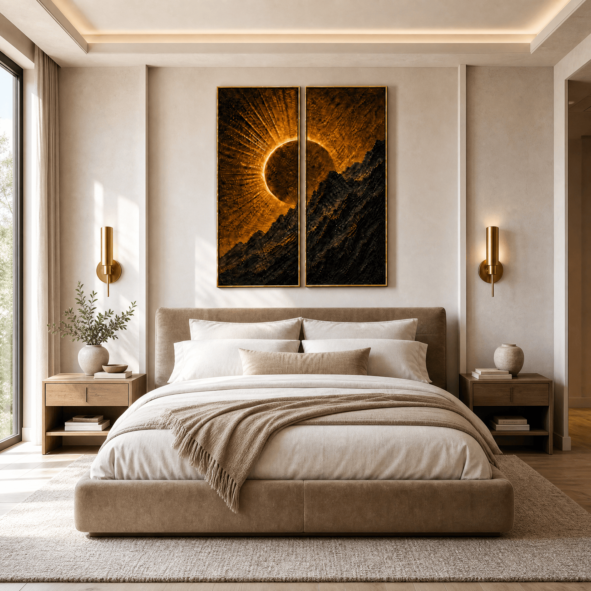 Golden Eclipse Mountain Wall Art – Luxury 2 Panel Sculptural Sunrise Canvas Set