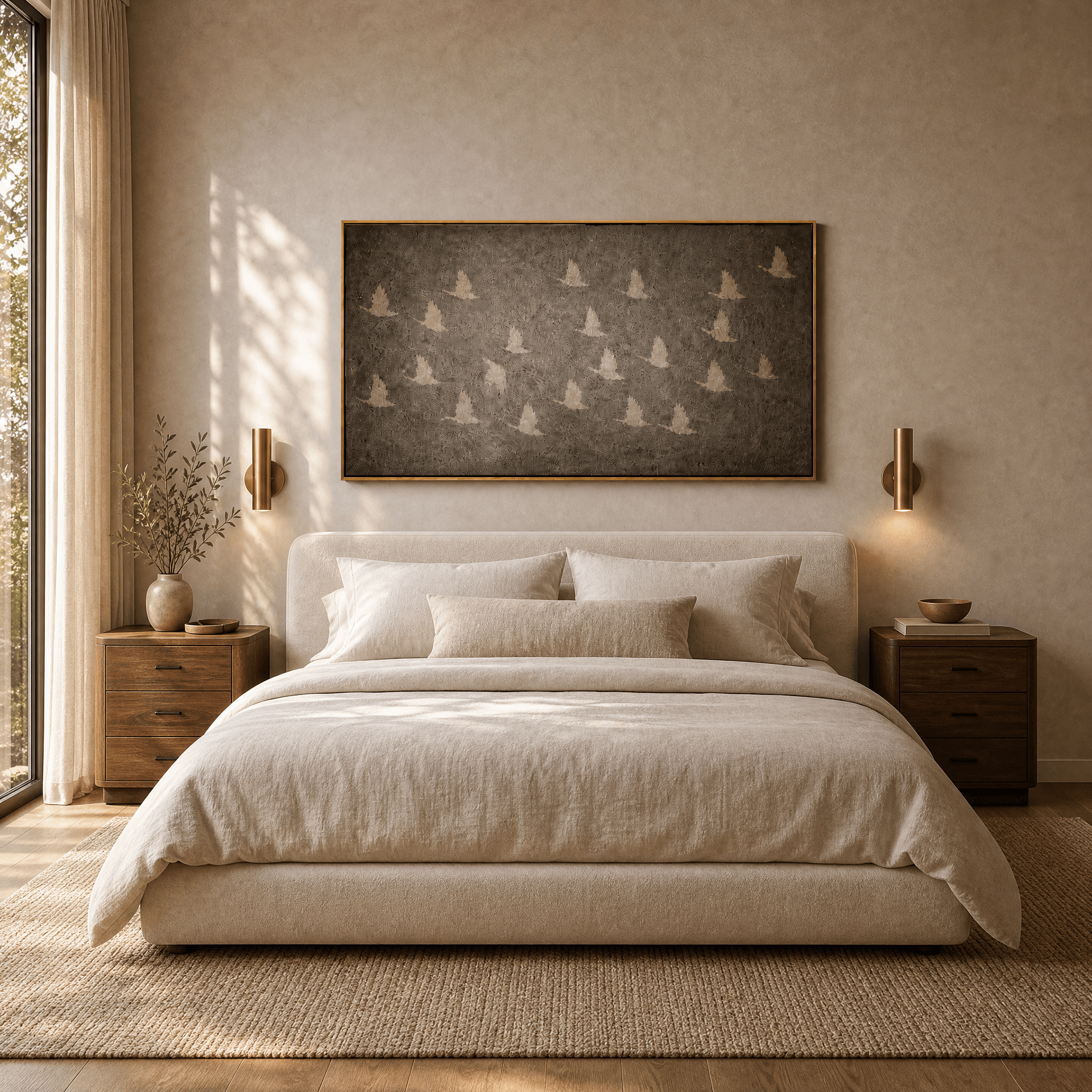 Horizontal flying birds wall art above a bed in a modern bedroom, gold framed charcoal canvas