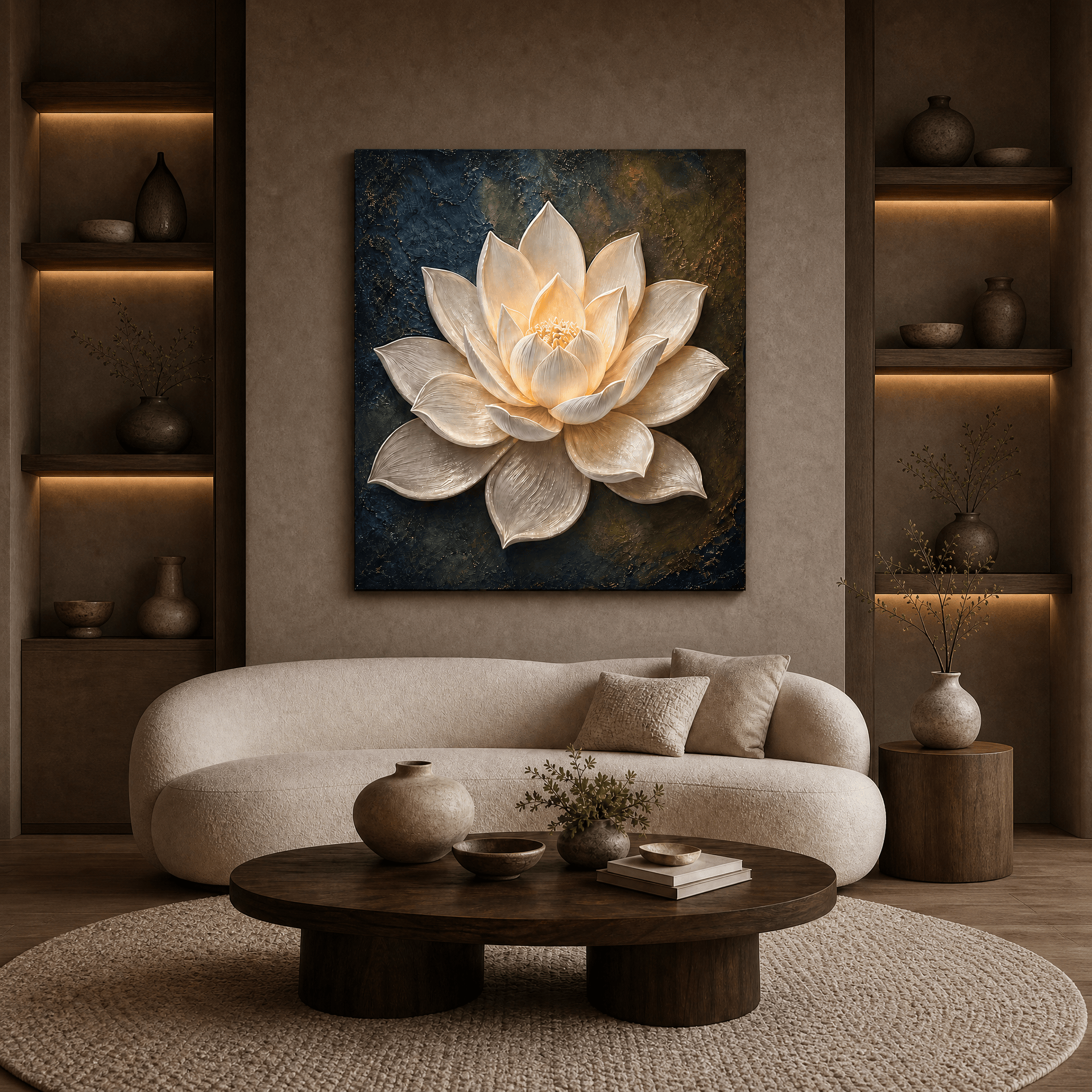 Illuminated lotus canvas in cream and gold on deep navy, hanging above a curved sofa in a warm neutral living room