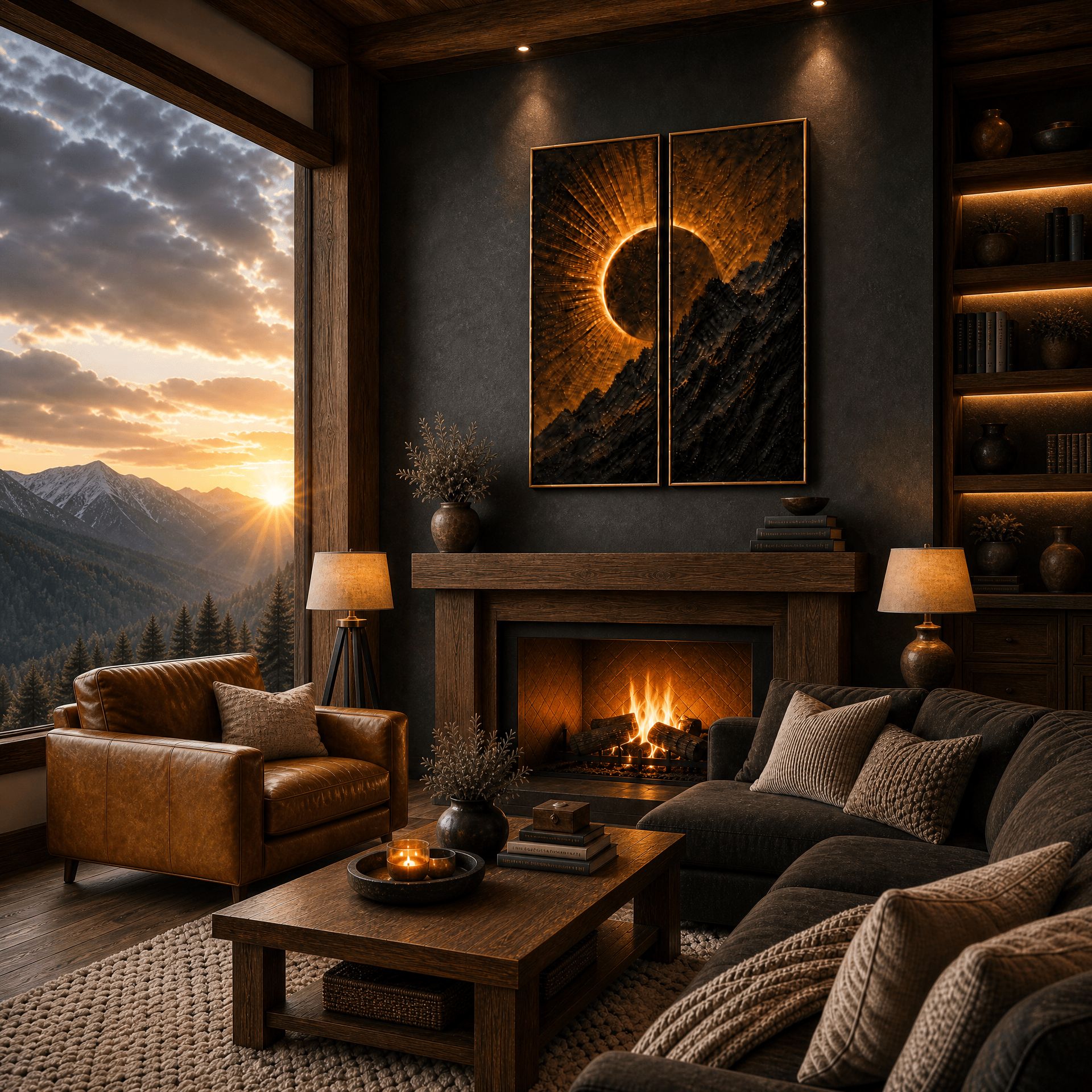 Golden Eclipse Mountain Wall Art – Luxury 2 Panel Sculptural Sunrise Canvas Set