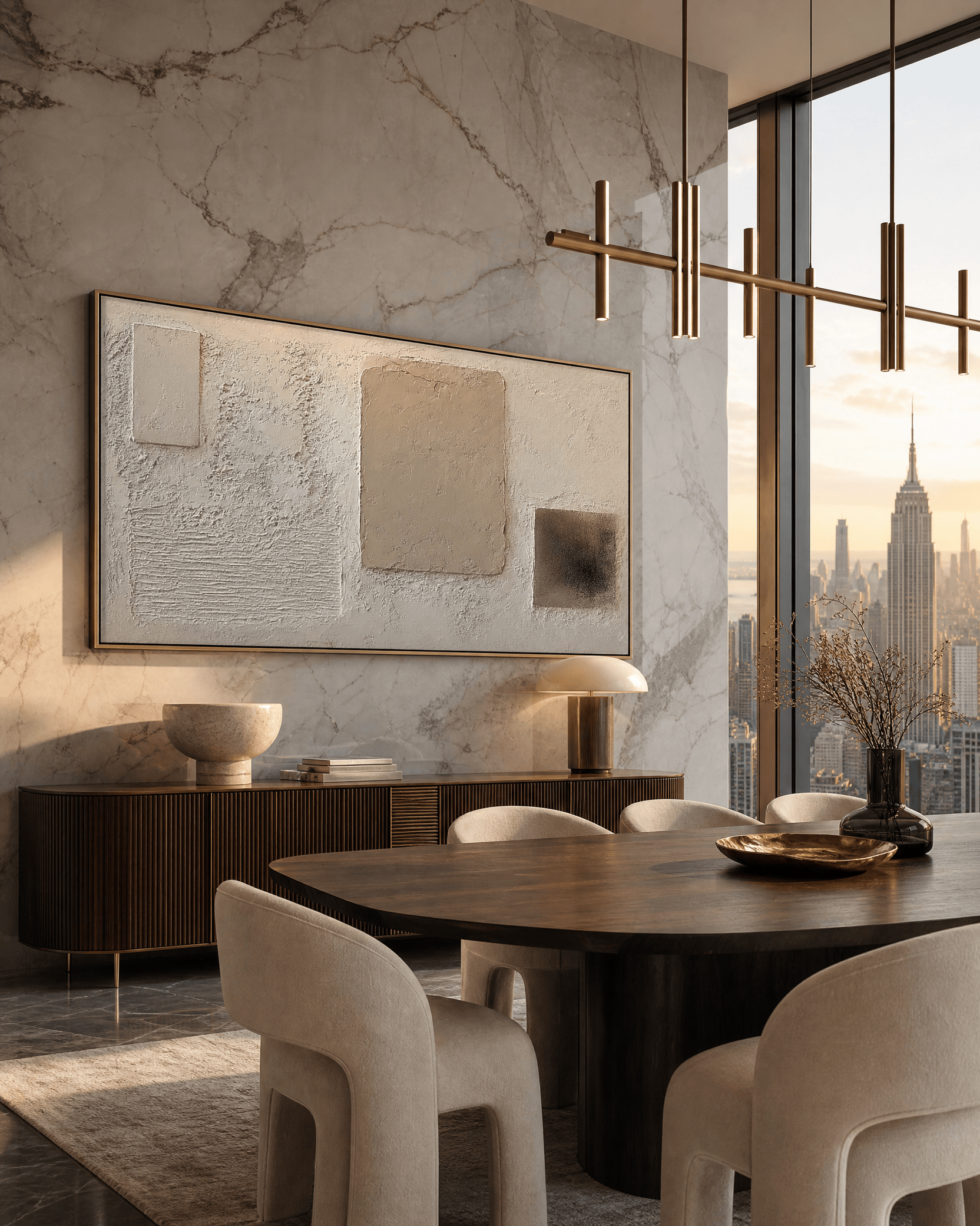 Minimalist plaster abstract canvas on a marble wall in a penthouse dining room