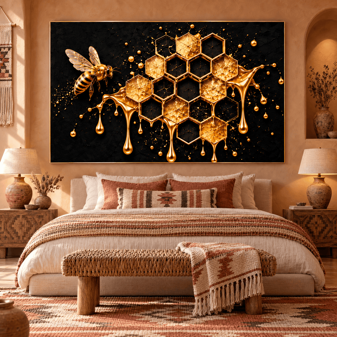 Gold bee canvas above the bed in a desert adobe bedroom