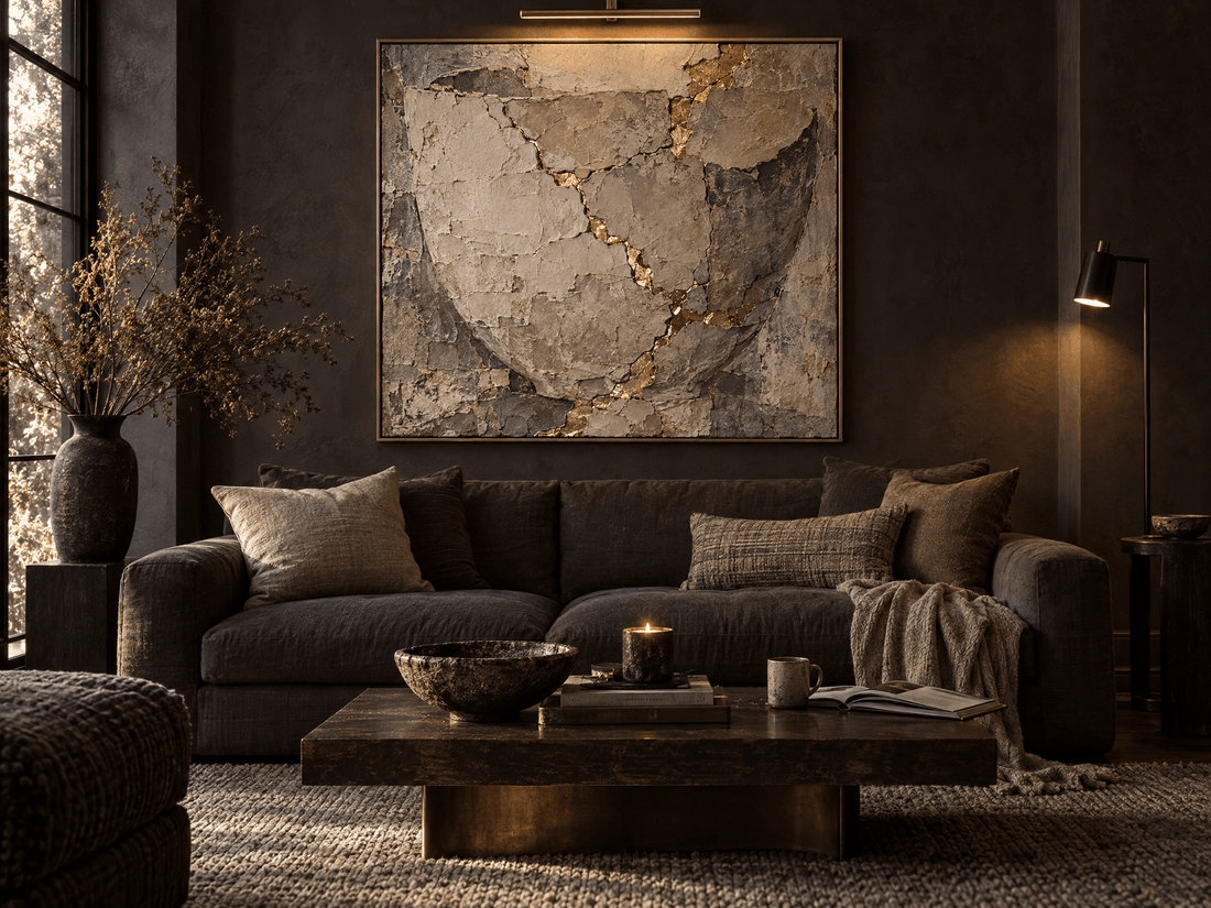 Grey and gold cracked stone canvas on a dark charcoal wall
