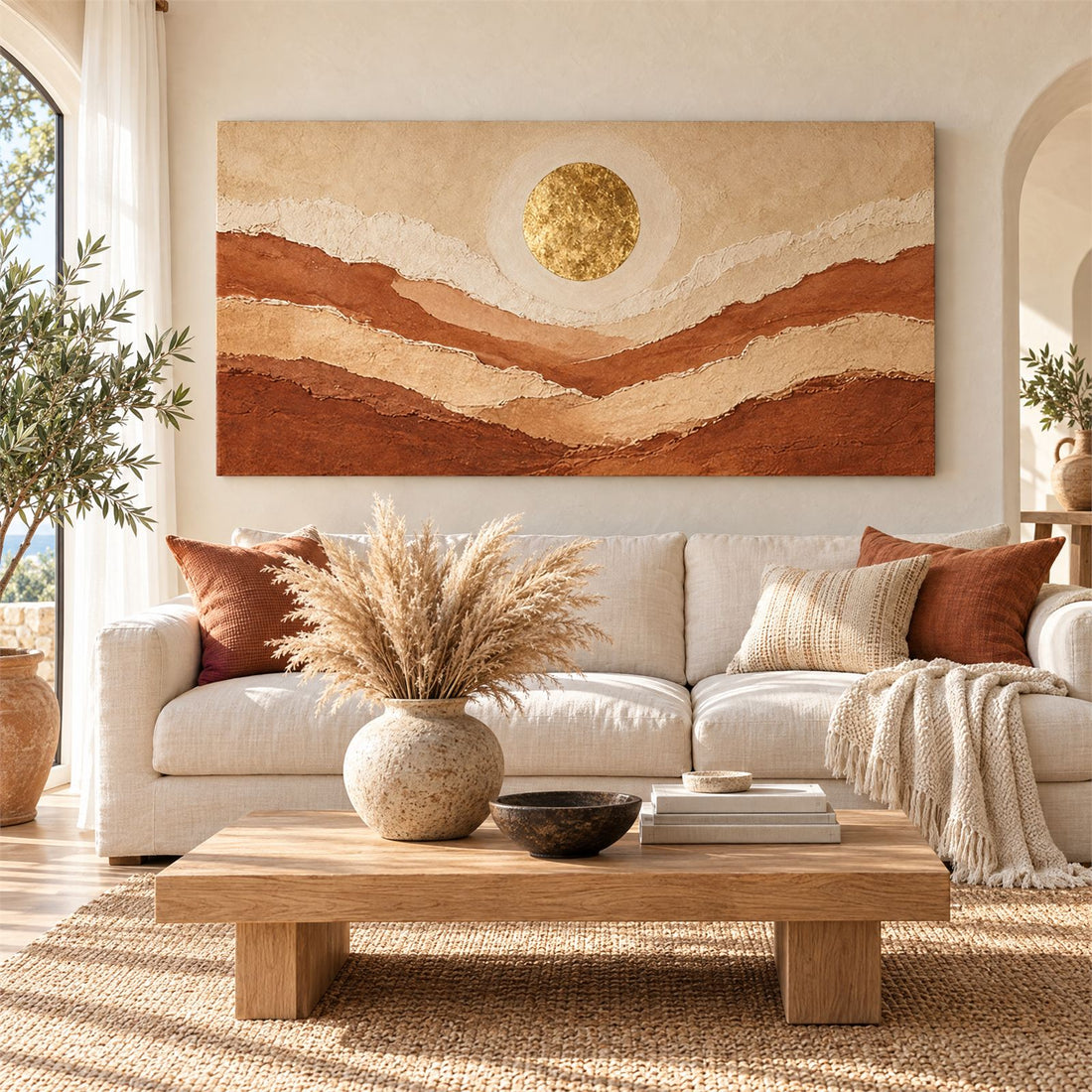 Panoramic desert dune canvas in rust and sand with a gold sun above a linen sofa