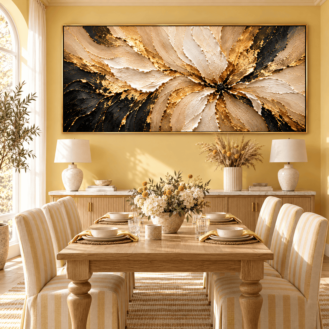 Panoramic gold flower canvas above a sideboard in a butter yellow dining room