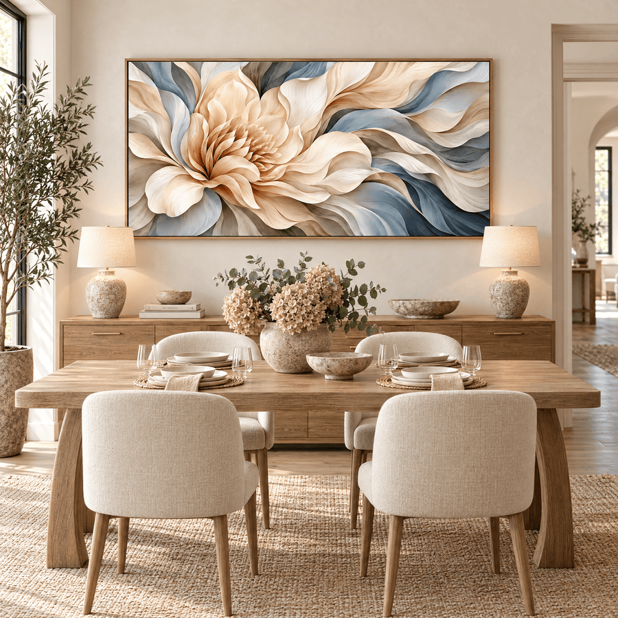 Alabaster Bloom panoramic floral canvas on a dining room wall