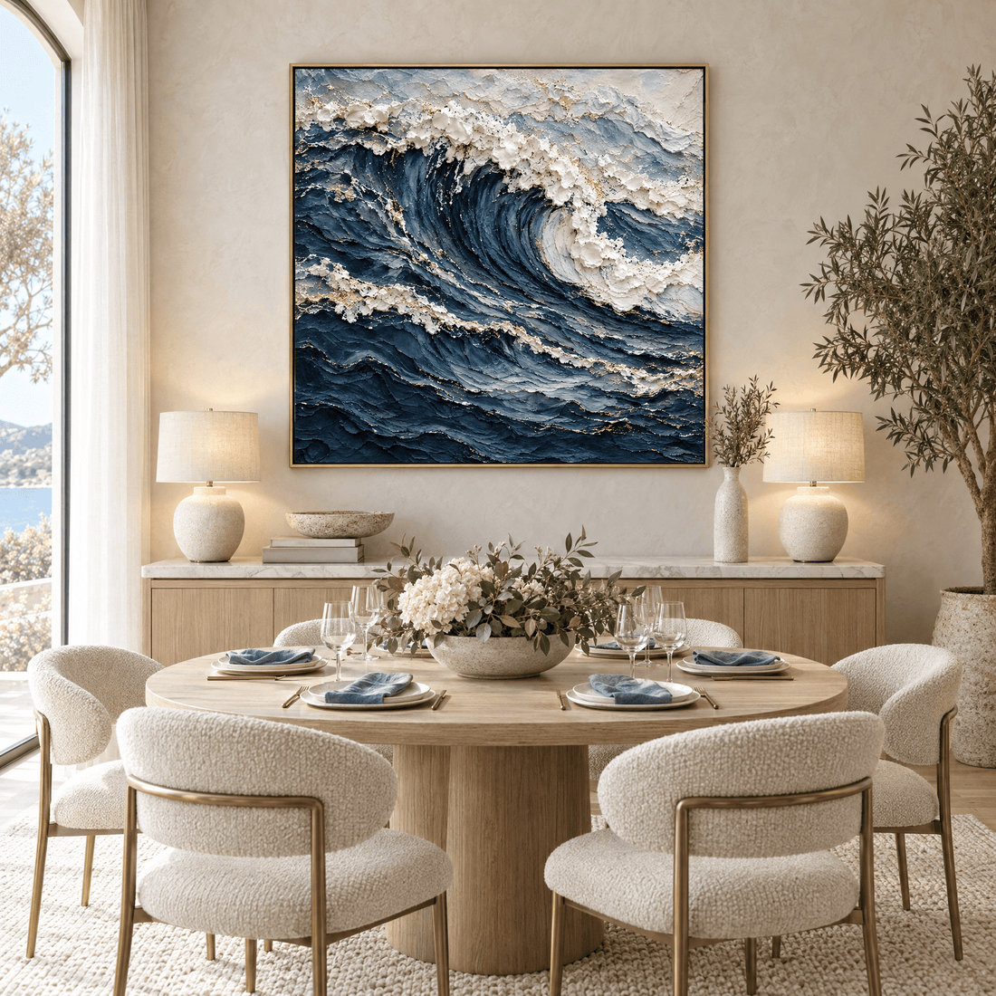 Navy and gold textured wave canvas in a neutral dining room