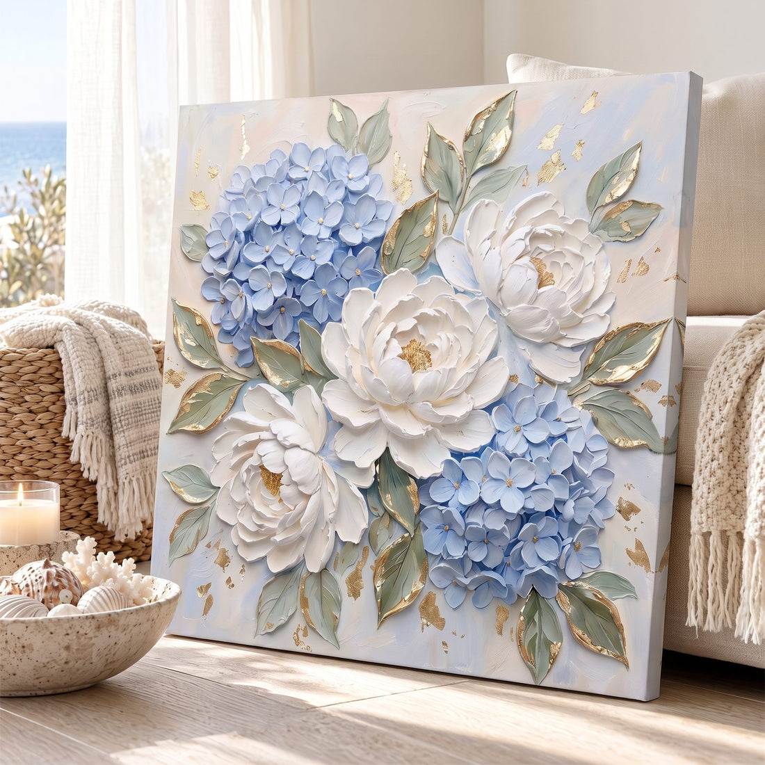 Close-up of the hydrangea and peony canvas showing sculpted petals and gold leaf