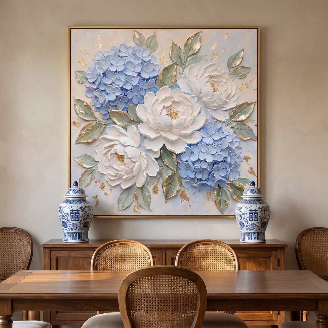 Hydrangea and peony canvas above a walnut sideboard in a French country dining room