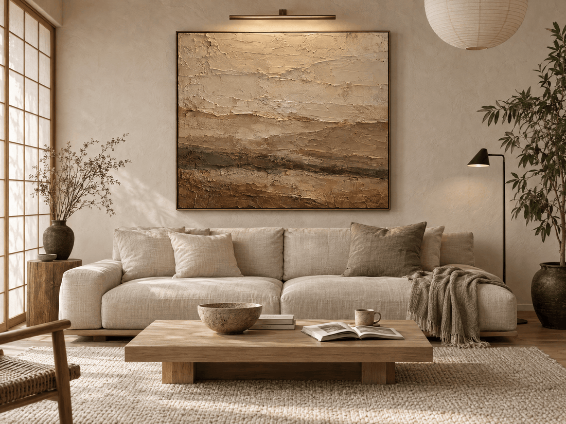 Terracotta and olive abstract landscape canvas above a linen sofa in a japandi living room