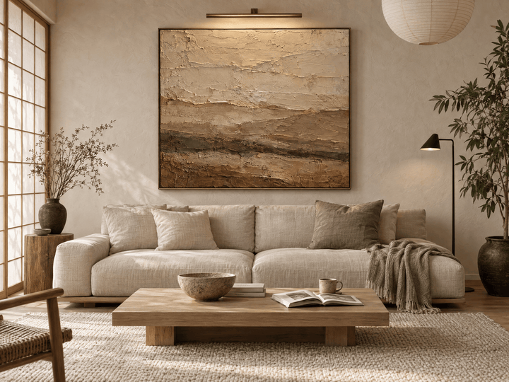 Terracotta and olive abstract landscape canvas above a linen sofa in a japandi living room