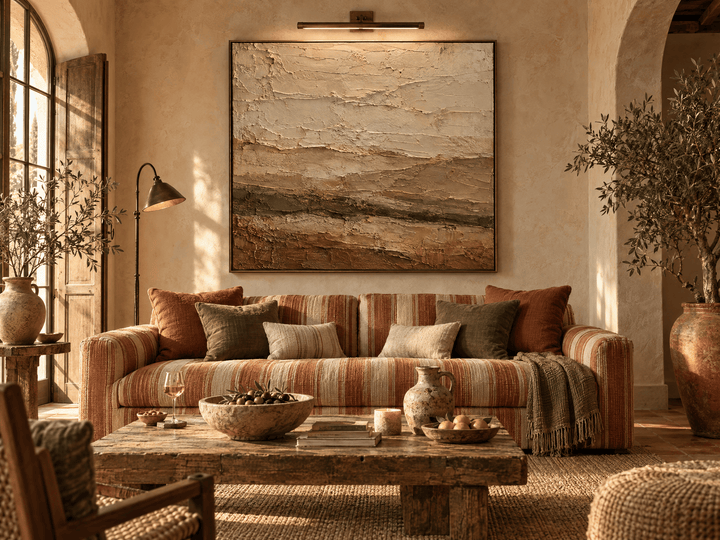 Earth tone abstract landscape wall art in a Mediterranean living room with terracotta stripes