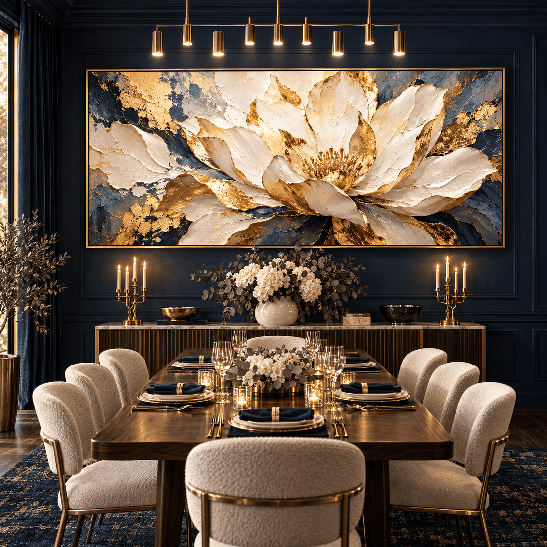 White and gold bloom canvas above a sideboard in a midnight navy dining room