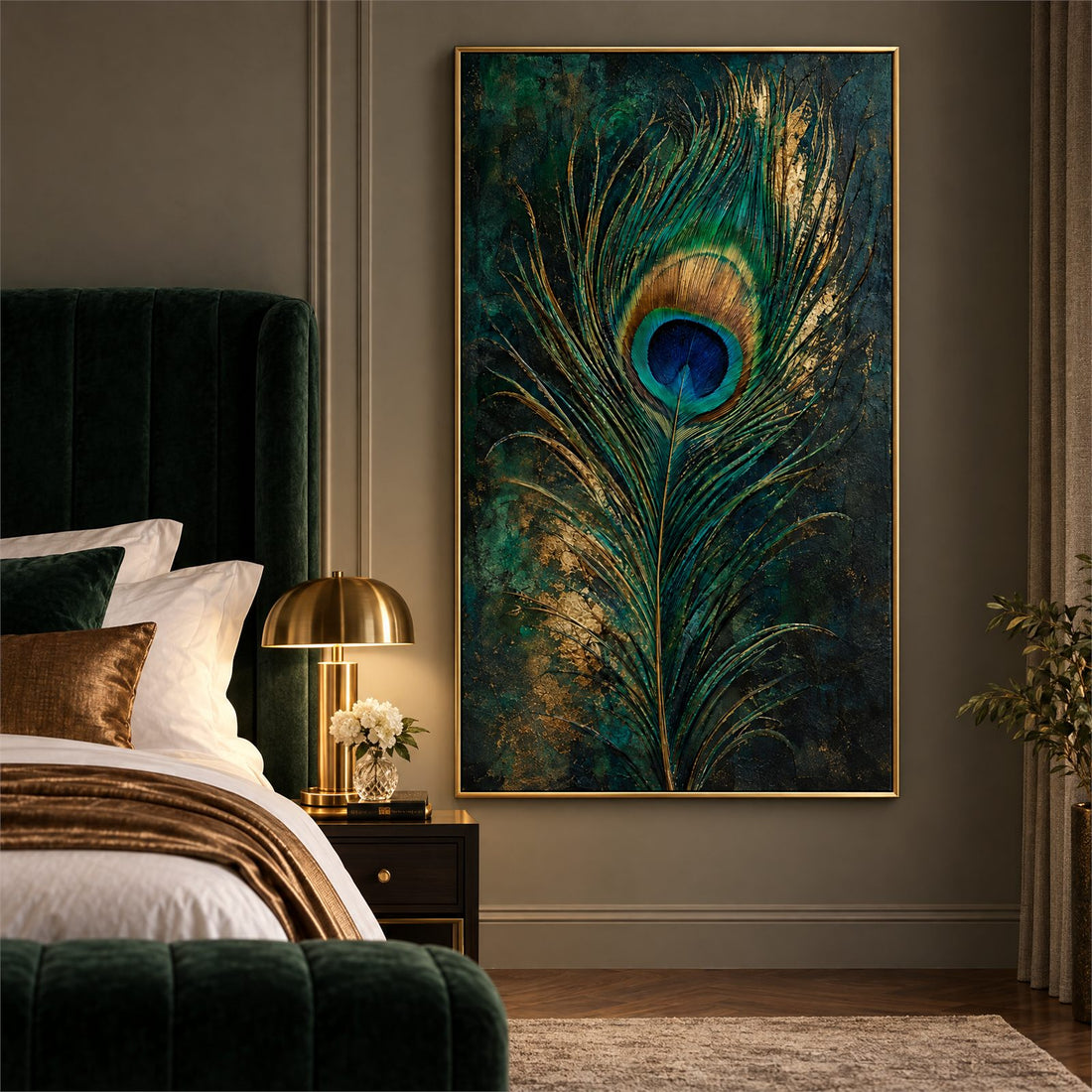Tall peacock feather canvas in a dark bedroom