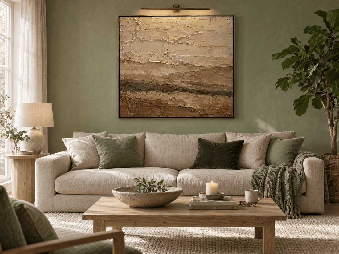 Abstract landscape wall art with an olive green band in a serene sage living room