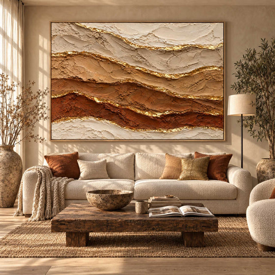 Rust and Gold Wall Art – Oversized Desert Strata Layered Textured Look Canvas for Living Room