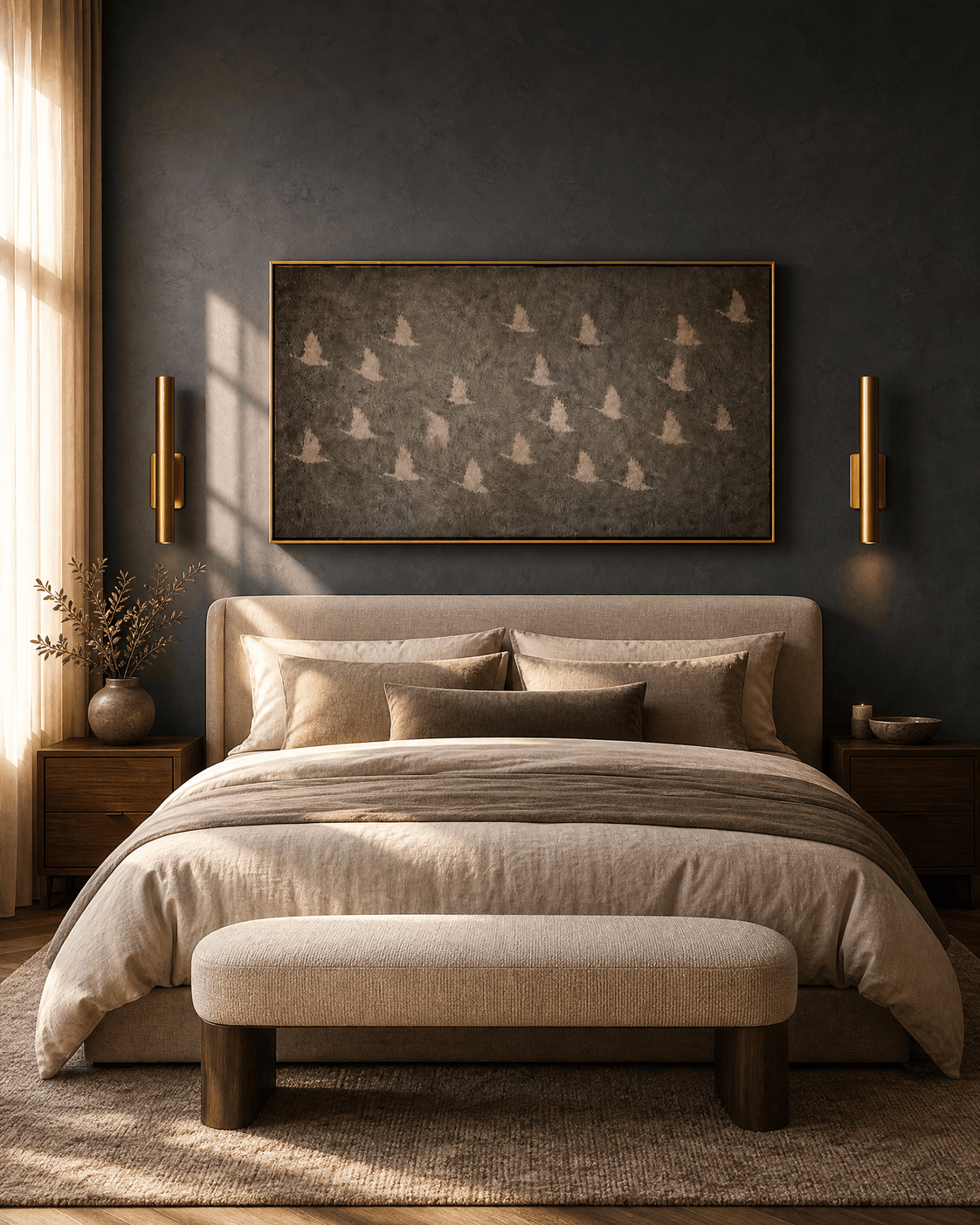 Horizontal flying birds wall art above a bed on a dark charcoal wall, gold framed canvas