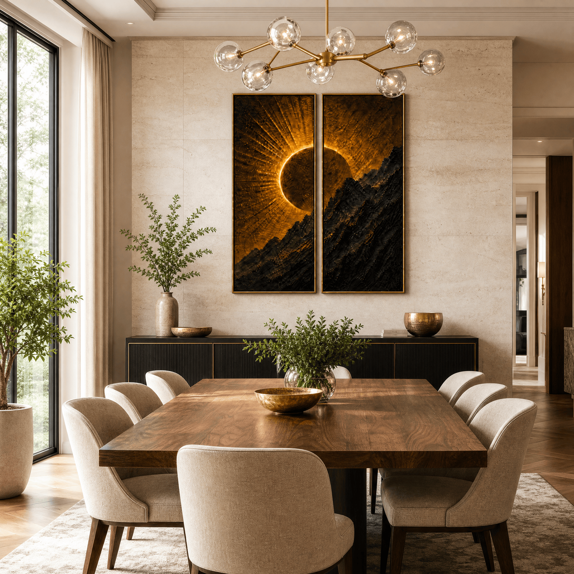 Golden Eclipse Mountain Wall Art – Luxury 2 Panel Sculptural Sunrise Canvas Set