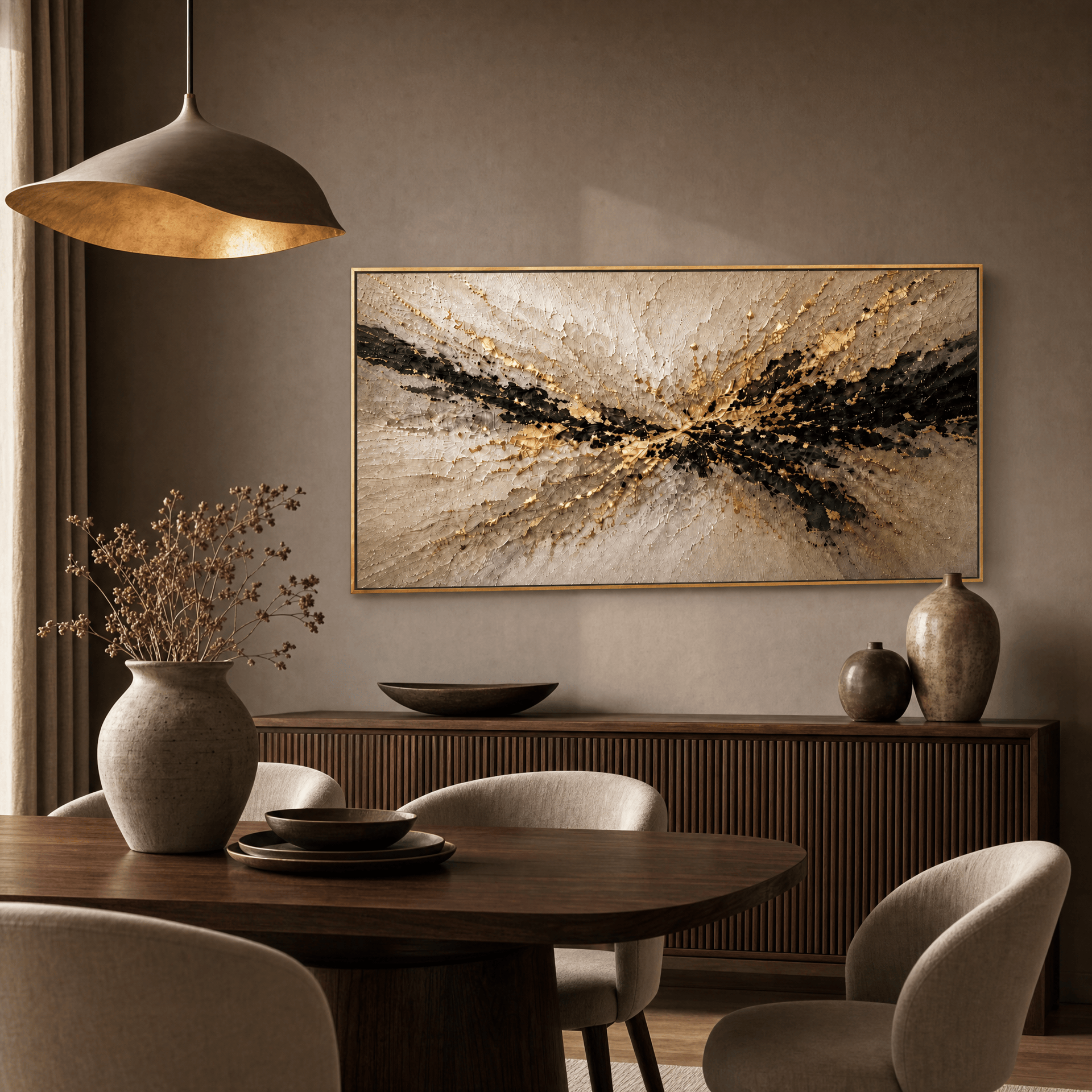 Gold and black abstract relief canvas above a walnut sideboard in an elegant dining room