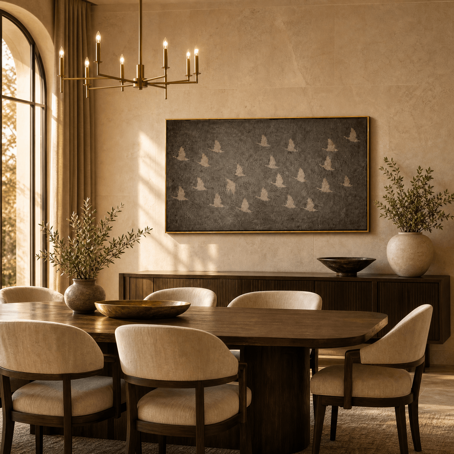 Horizontal flying birds wall art in a bright luxury dining room, gold framed charcoal canvas