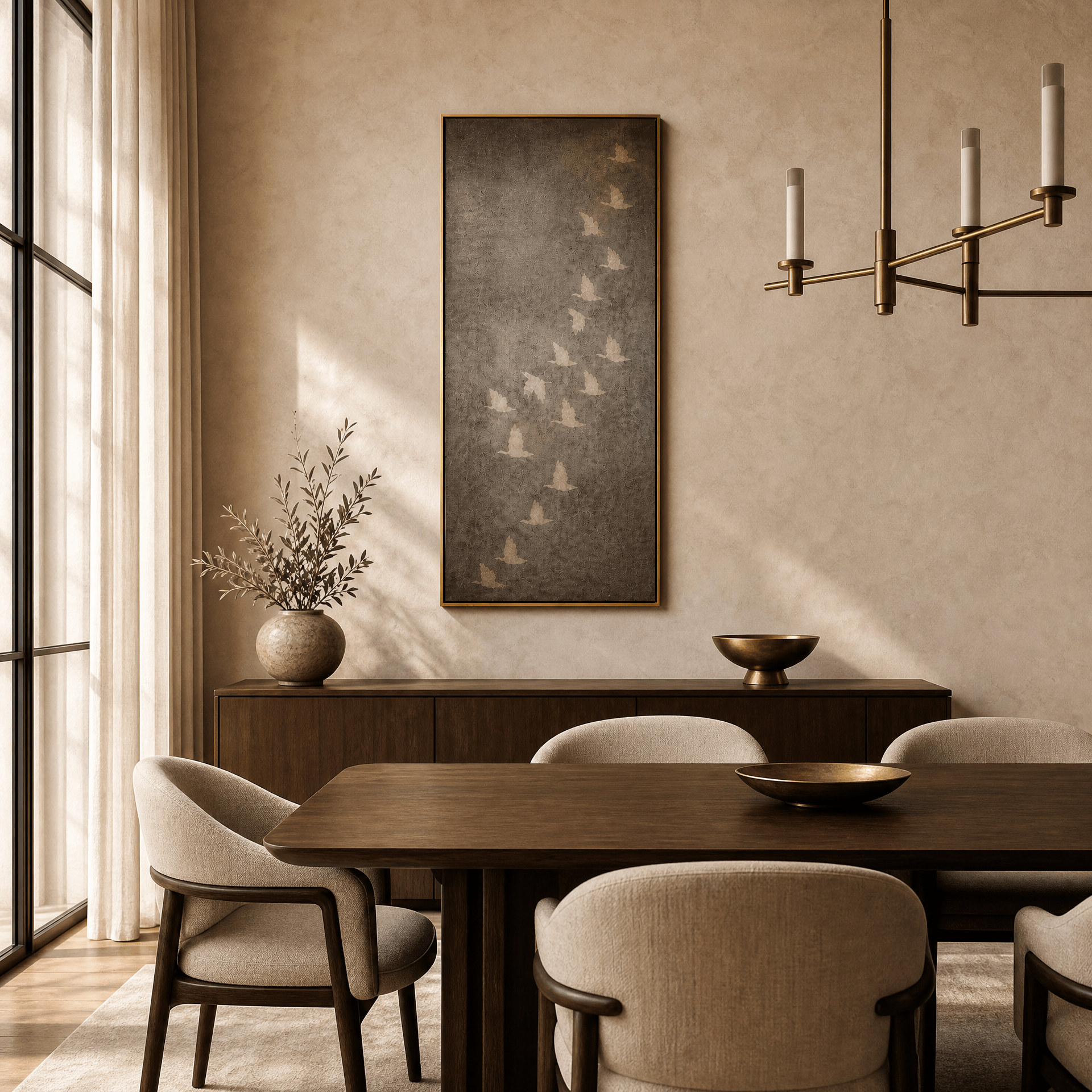 Vertical flying birds wall art in a dining room, gold framed charcoal canvas