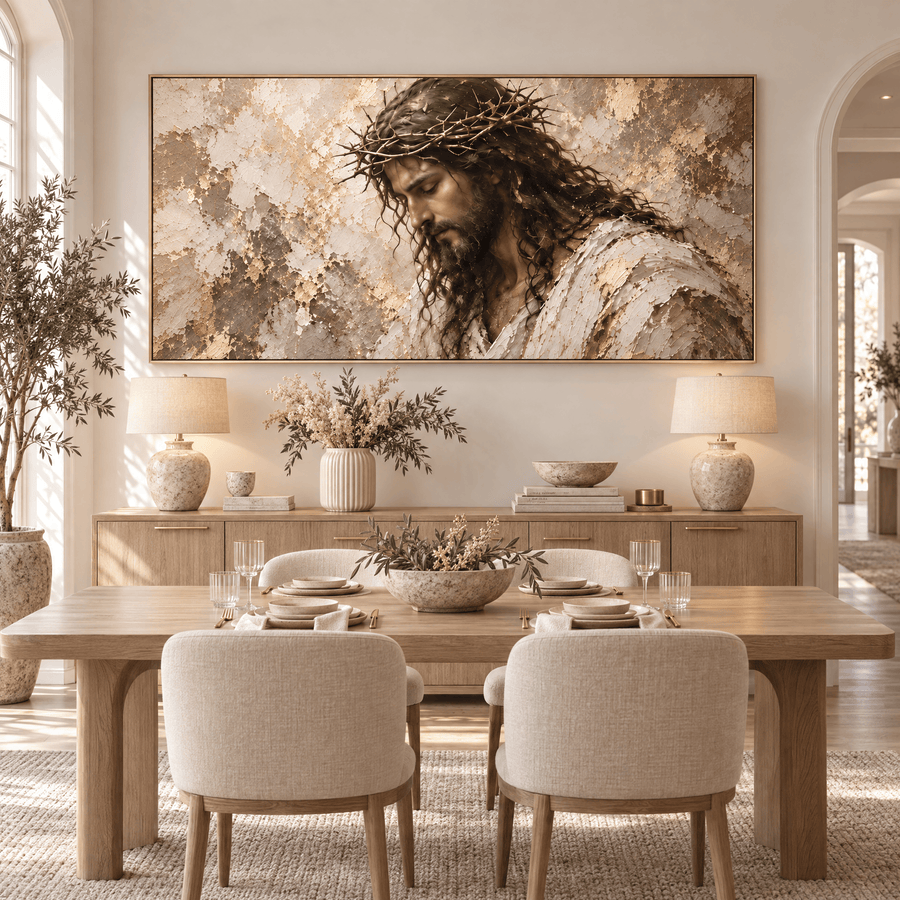 Crown of Thorns panoramic Christian canvas above a sideboard in a dining room