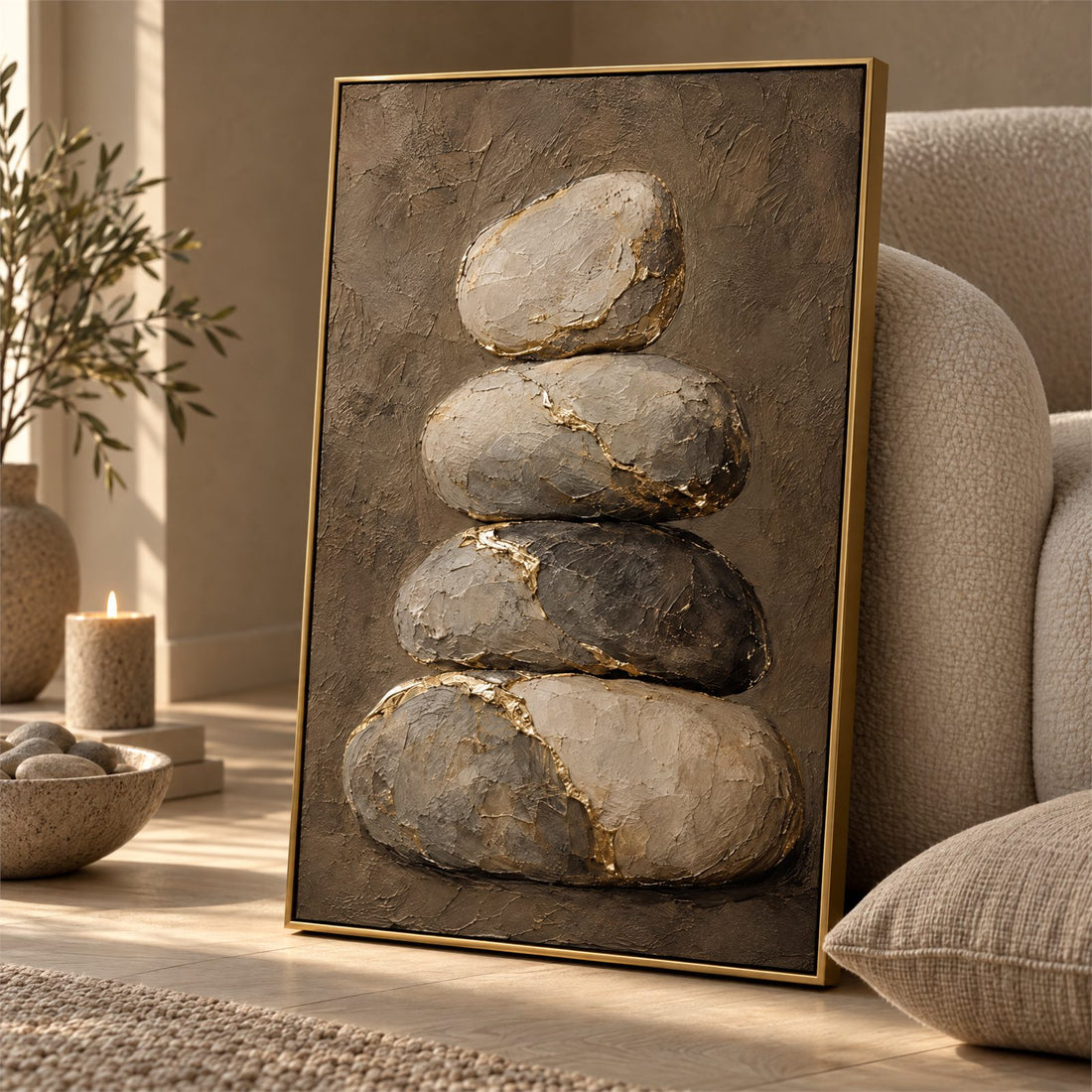 Close view of the balanced stones showing the gold kintsugi seams and thick paint