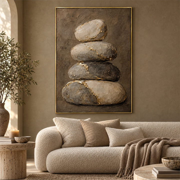 Stacked stone cairn canvas with gold kintsugi seams above a boucle sofa