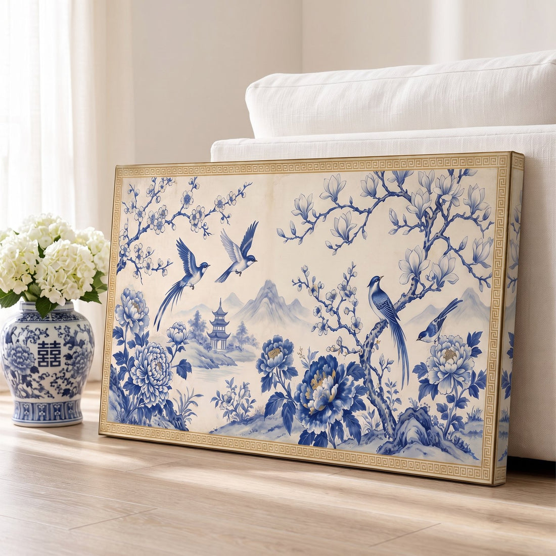 Close-up of the chinoiserie canvas showing birds, peonies and gold detail