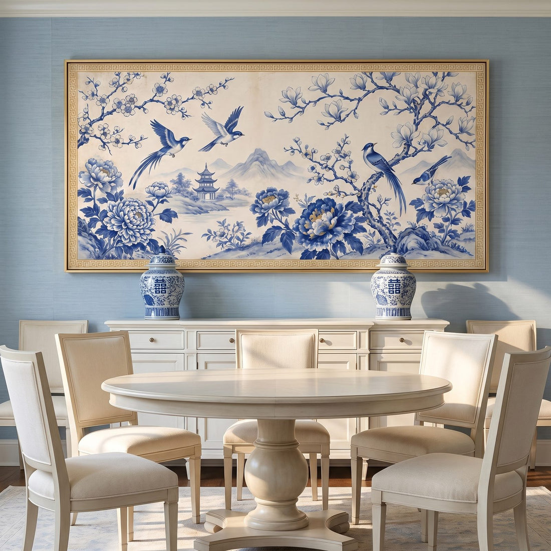 Chinoiserie landscape canvas above a white sideboard in a blue grasscloth dining room