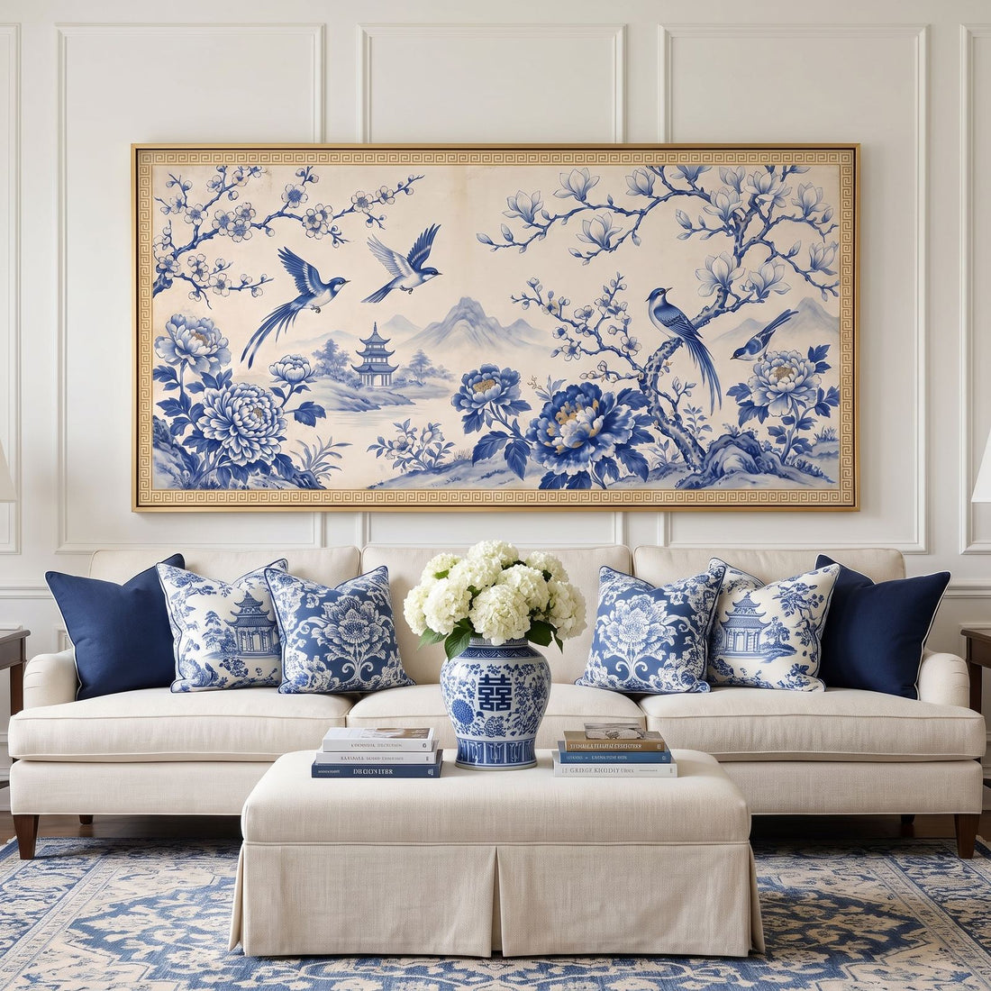 Blue and white chinoiserie panoramic wall art above a cream sofa