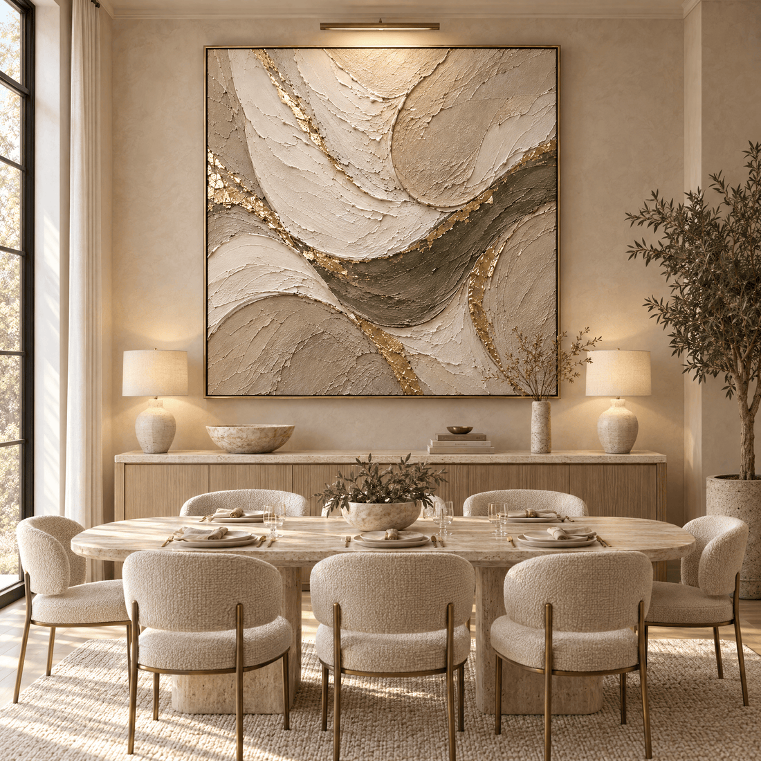 Cream and sage abstract wall art with gold leaf above a dining room sideboard