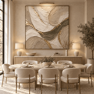 Luxury Cream and Sage Abstract Wall Art – Oversized Gold Leaf Textured Look Canvas for Living Room