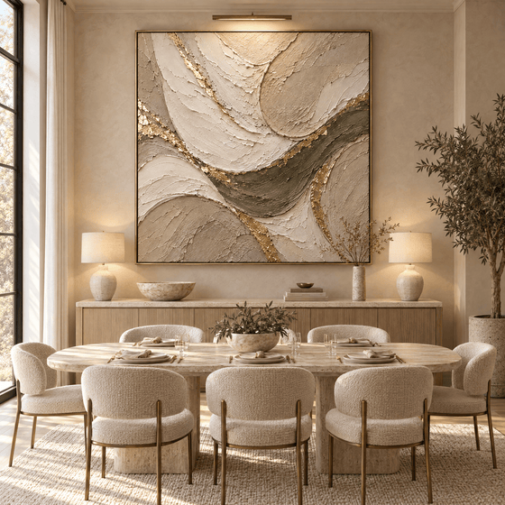 Luxury Cream and Sage Abstract Wall Art – Oversized Gold Leaf Textured Look Canvas for Living Room